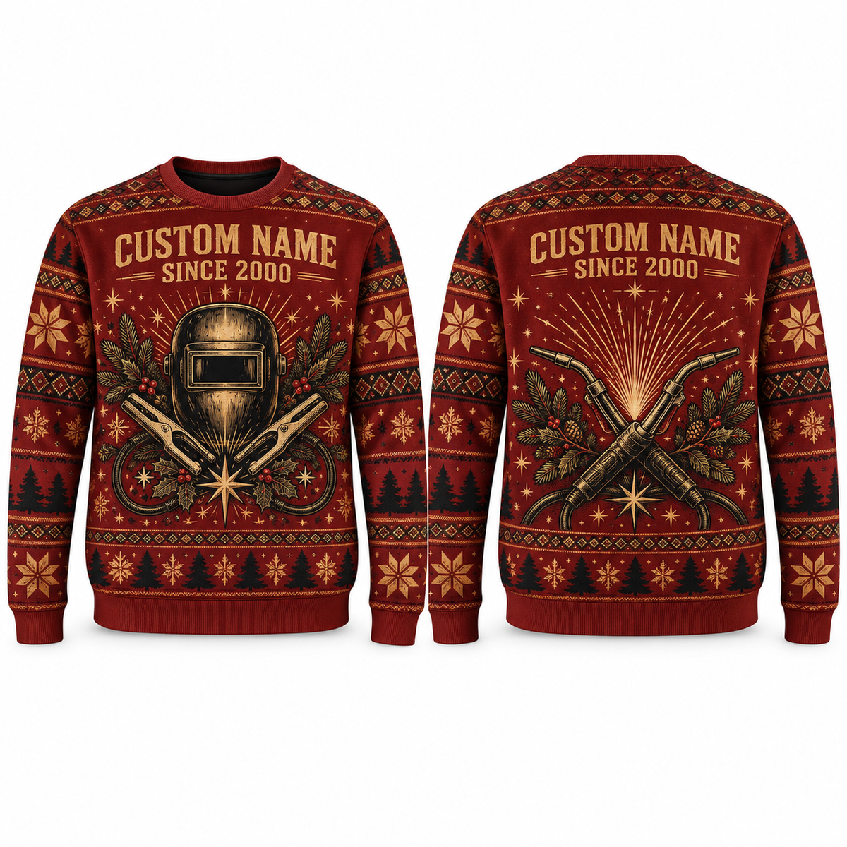 Personalized Welder Heritage Holiday All-Over Print Crewneck Sweater: front and back design mockups with CUSTOM NAME and SINCE 2000