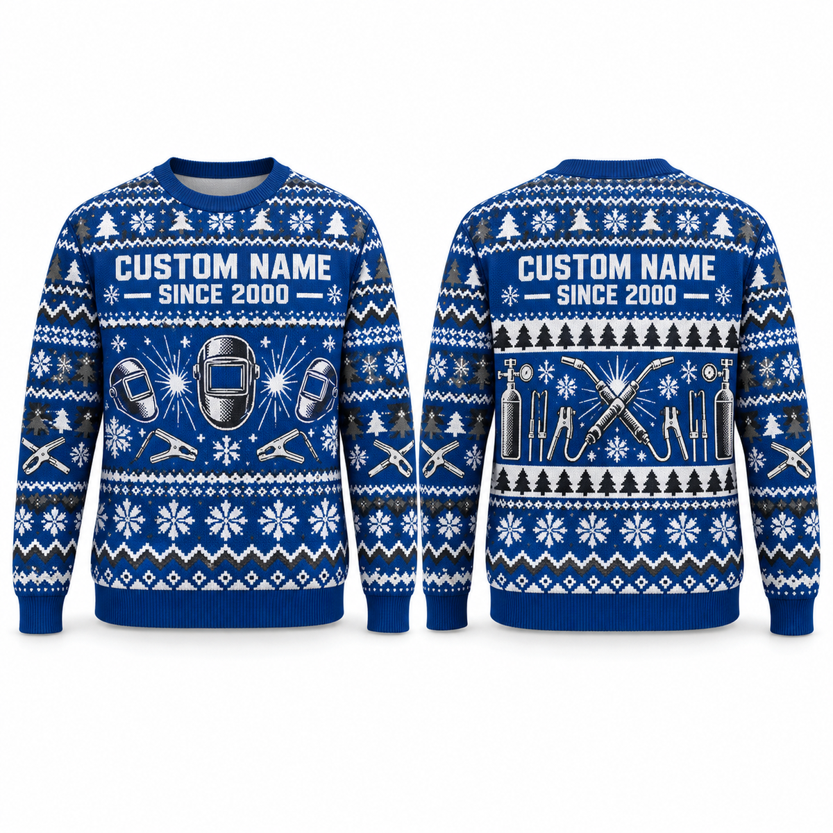 Personalized Welder Fair Isle Christmas All-Over Print Crewneck Sweater: front and back design mockups with CUSTOM NAME and SINCE 2000
