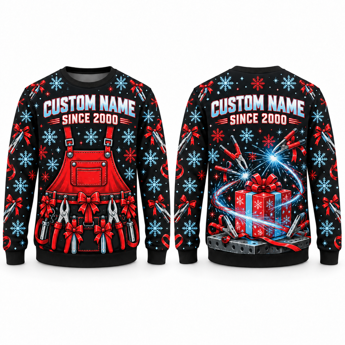 Personalized Welder Holiday Workshop All-Over Print Crewneck Sweater: front and back design mockups with CUSTOM NAME and SINCE 2000