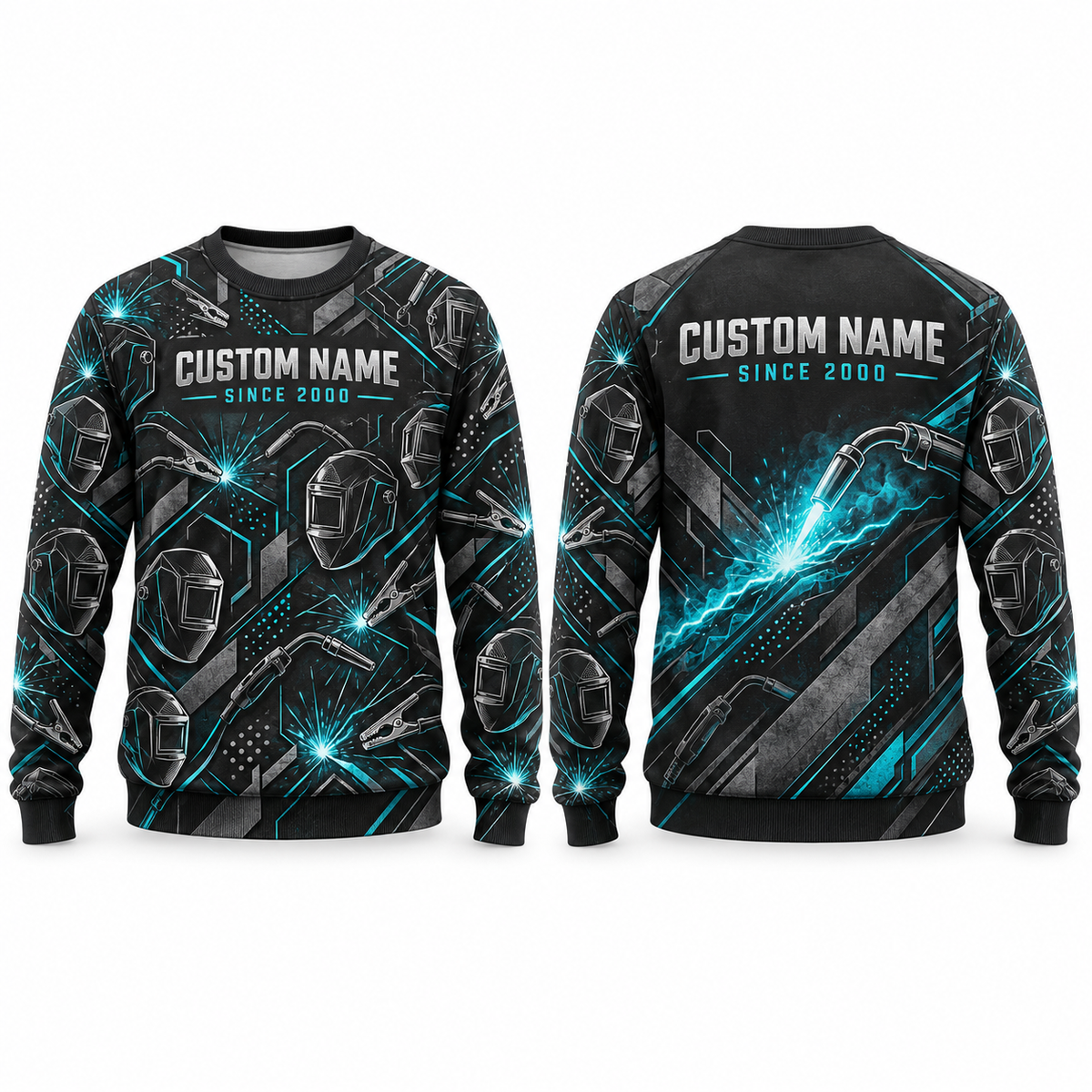 Personalized Welder Arc Geometry All-Over Print Crewneck Sweater: front and back design mockups with CUSTOM NAME and SINCE 2000