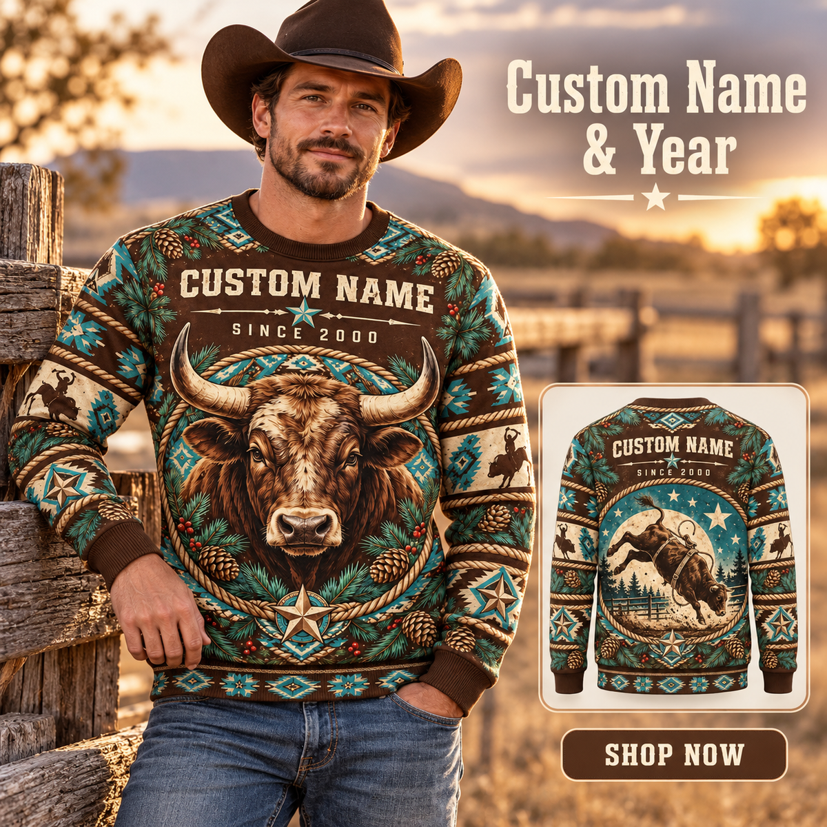 Personalized Bull Rider Holiday Crest All-Over Print Crewneck Sweater: advertising lifestyle mockup