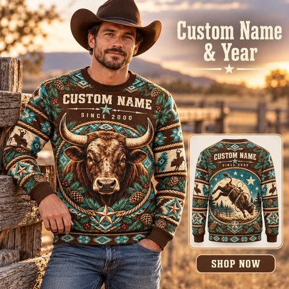 Personalized Bull Rider Holiday Crest All-Over Print Crewneck Sweater: advertising lifestyle mockup