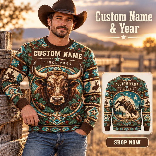 Personalized Bull Rider Holiday Crest All-Over Print Crewneck Sweater: advertising lifestyle mockup