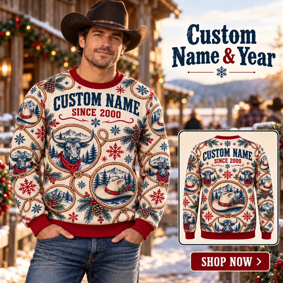 Personalized Rodeo Holiday Medallions All-Over Print Crewneck Sweater: advertising lifestyle mockup