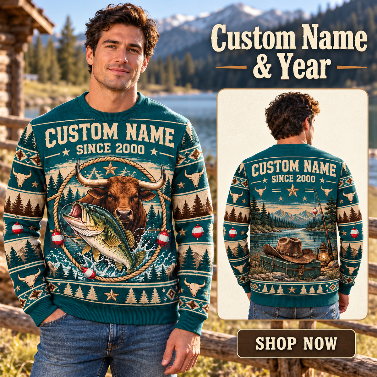 Personalized Bull Rider Gone Fishing Christmas All-Over Print Crewneck Sweater: advertising lifestyle mockup