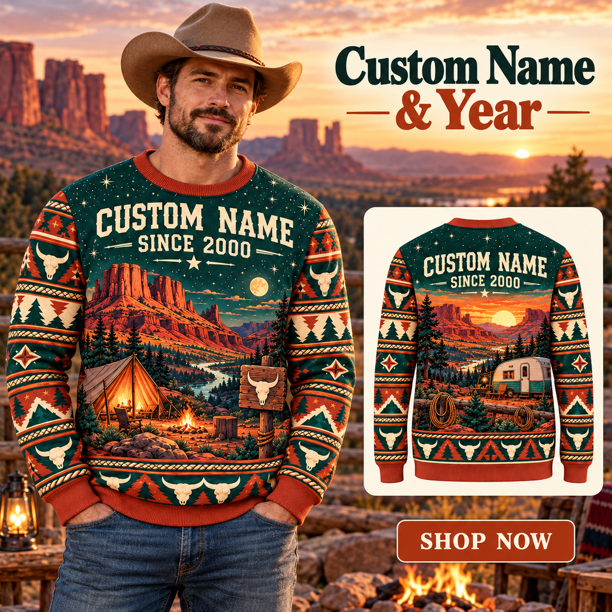 Personalized Bull Rider Camp Trail All-Over Print Crewneck Sweater: advertising lifestyle mockup