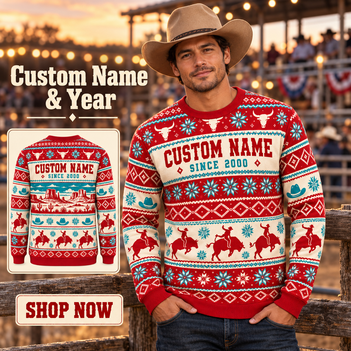 Personalized Bull Rider Fair Isle Christmas All-Over Print Crewneck Sweater: advertising lifestyle mockup