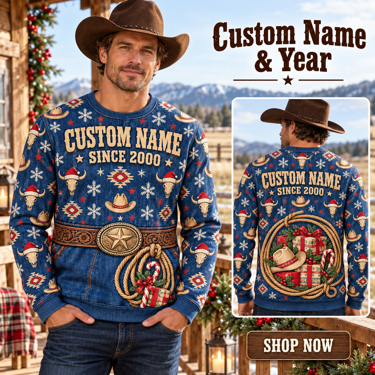 Personalized Rodeo Holiday Gift Belt All-Over Print Crewneck Sweater: advertising lifestyle mockup