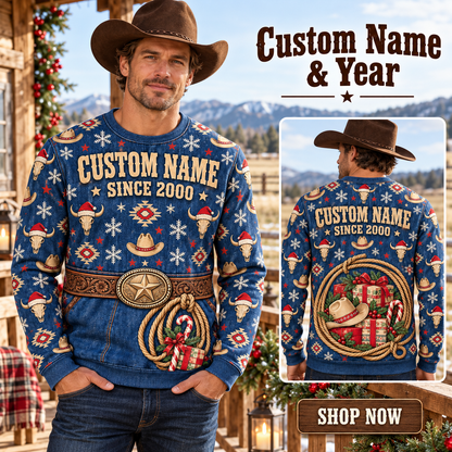 Personalized Rodeo Holiday Gift Belt All-Over Print Crewneck Sweater: advertising lifestyle mockup