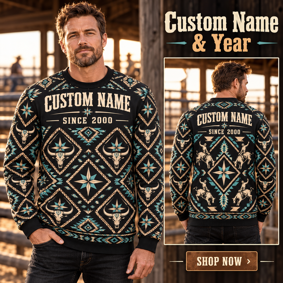 Personalized Bull Rider Western Repeat All-Over Print Crewneck Sweater: advertising lifestyle mockup