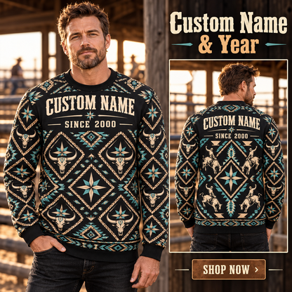 Personalized Bull Rider Western Repeat All-Over Print Crewneck Sweater: advertising lifestyle mockup