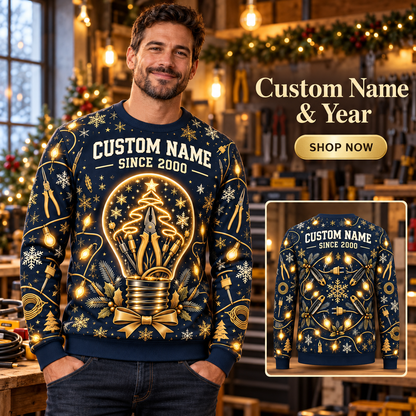 Personalized Electrician Holiday Glow All-Over Print Crewneck Sweater: advertising lifestyle mockup
