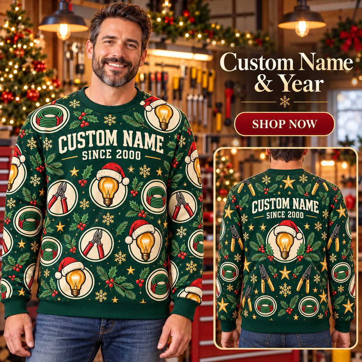 Personalized Electric Crew Holiday Repeat All-Over Print Crewneck Sweater: advertising lifestyle mockup