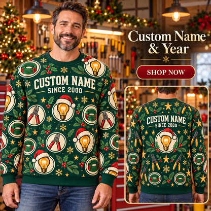 Personalized Electric Crew Holiday Repeat All-Over Print Crewneck Sweater: advertising lifestyle mockup
