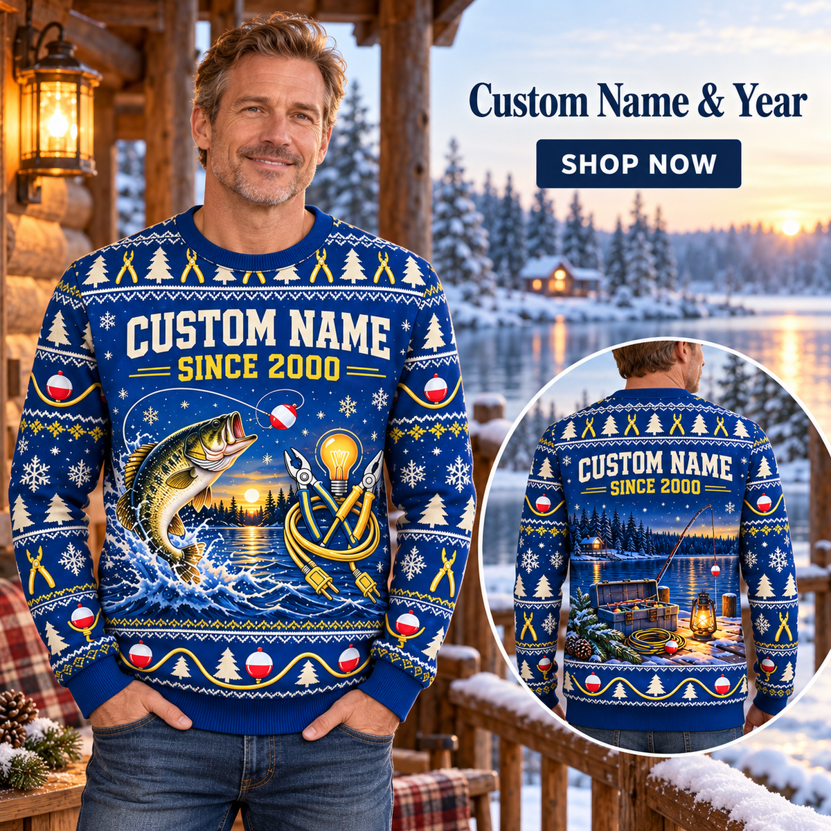Personalized Electrician Gone Fishing Christmas All-Over Print Crewneck Sweater: advertising lifestyle mockup