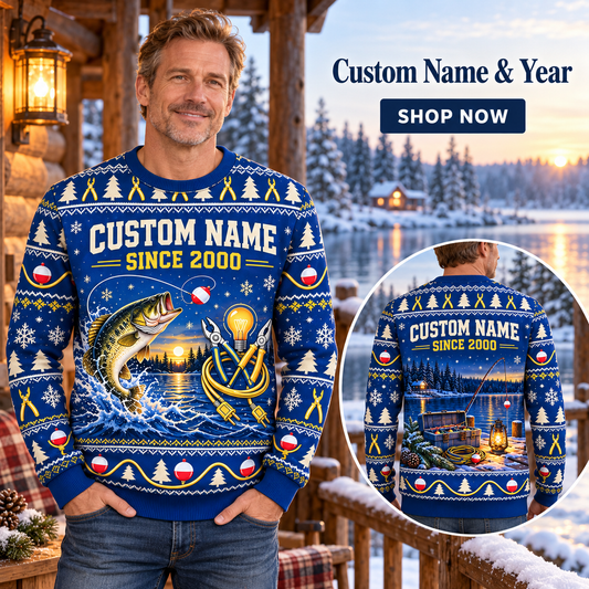 Personalized Electrician Gone Fishing Christmas All-Over Print Crewneck Sweater: advertising lifestyle mockup