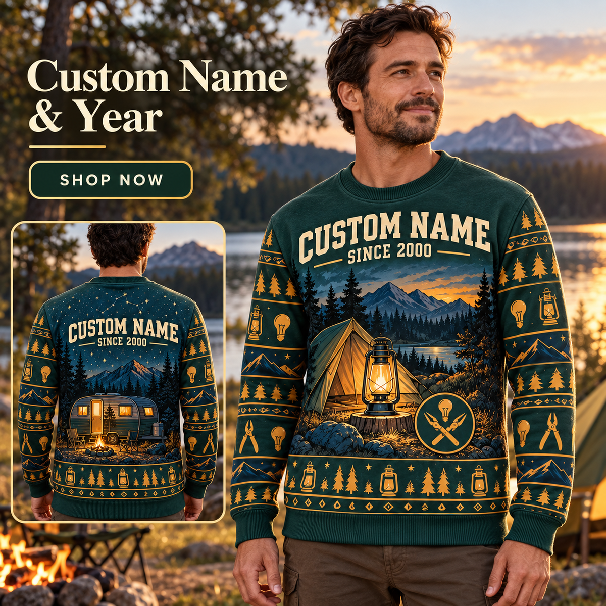 Personalized Electrician Camp Lantern All-Over Print Crewneck Sweater: advertising lifestyle mockup