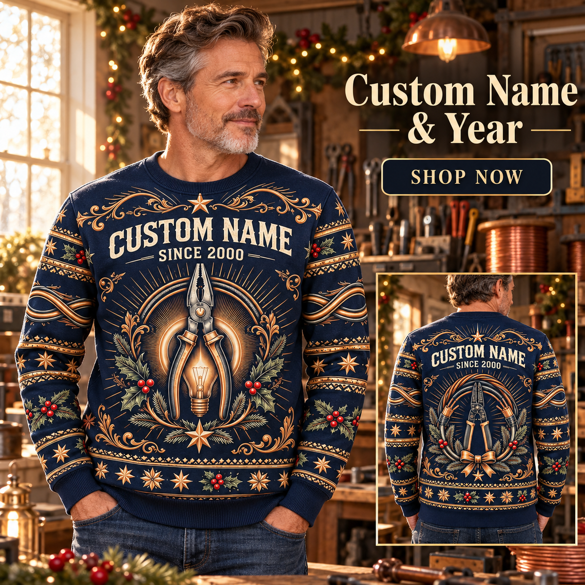 Personalized Electrician Heritage Holiday All-Over Print Crewneck Sweater: advertising lifestyle mockup