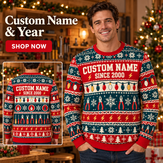 Personalized Electrician Fair Isle Christmas All-Over Print Crewneck Sweater: advertising lifestyle mockup