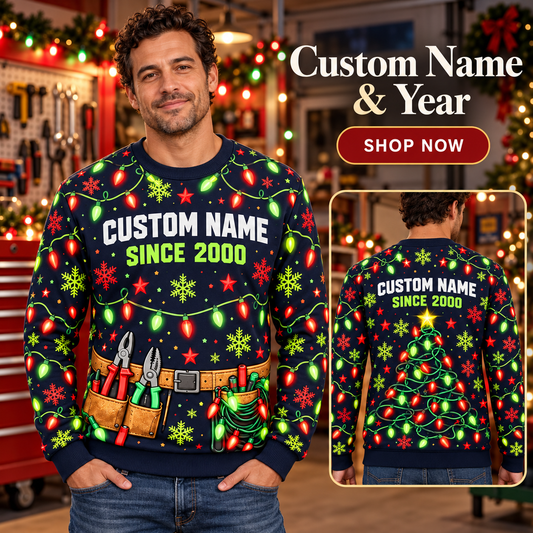 Personalized Electrician Holiday Cable Mix All-Over Print Crewneck Sweater: advertising lifestyle mockup
