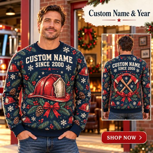 Personalized Firefighter Holiday Watch All-Over Print Crewneck Sweater: advertising lifestyle mockup