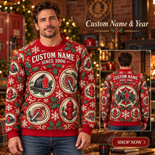 Personalized Firehouse Holiday Medallions All-Over Print Crewneck Sweater: advertising lifestyle mockup
