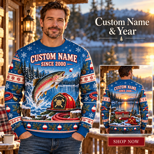 Personalized Firefighter Gone Fishing Christmas All-Over Print Crewneck Sweater: advertising lifestyle mockup