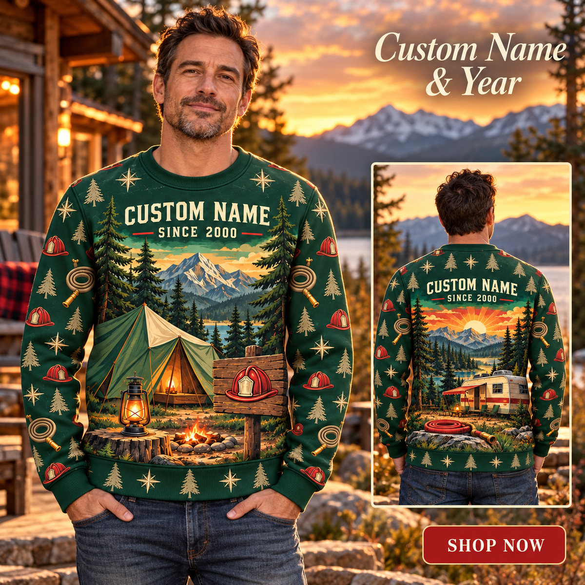 Personalized Firefighter Camp Weekend All-Over Print Crewneck Sweater: advertising lifestyle mockup