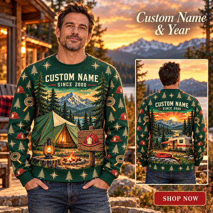 Personalized Firefighter Camp Weekend All-Over Print Crewneck Sweater: advertising lifestyle mockup