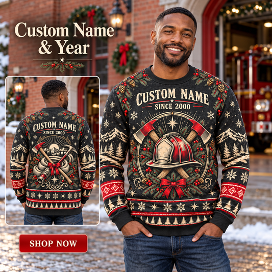 Personalized Firefighter Heritage Holiday All-Over Print Crewneck Sweater: advertising lifestyle mockup