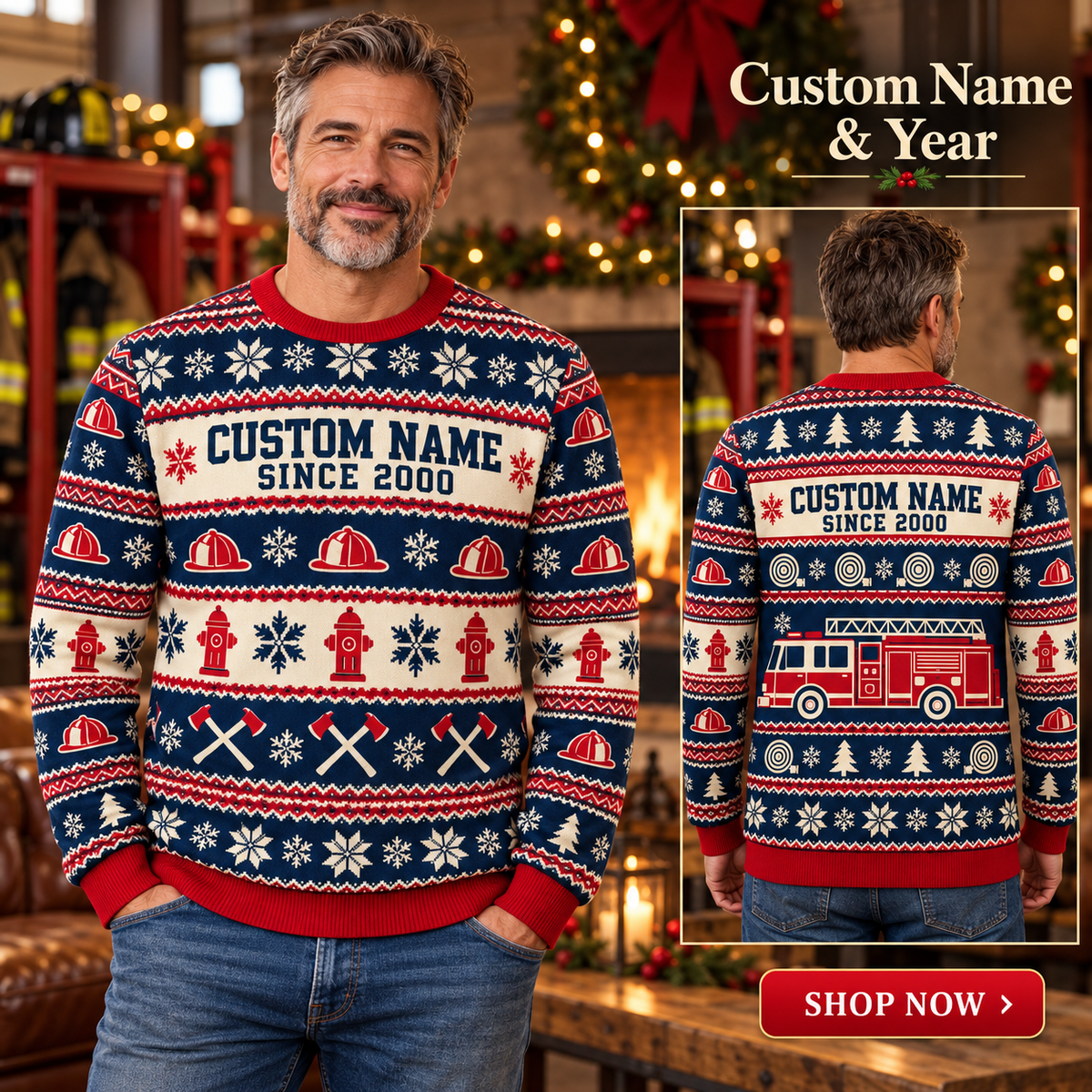 Personalized Firefighter Fair Isle Christmas All-Over Print Crewneck Sweater: advertising lifestyle mockup