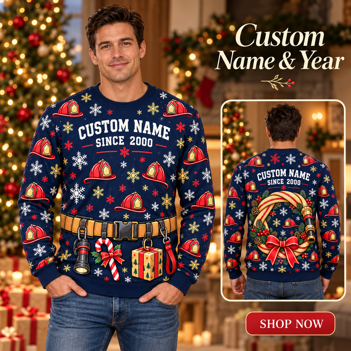 Personalized Firehouse Holiday Gift Shift All-Over Print Crewneck Sweater: advertising lifestyle mockup