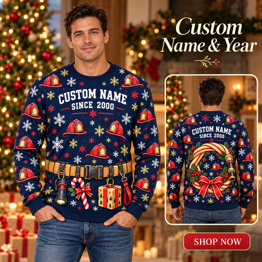 Personalized Firehouse Holiday Gift Shift All-Over Print Crewneck Sweater: advertising lifestyle mockup