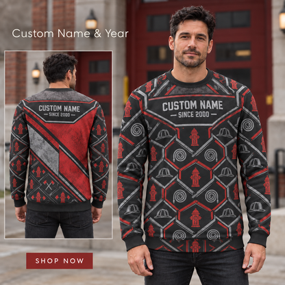 Personalized Firefighter Station Geometry All-Over Print Crewneck Sweater: advertising lifestyle mockup