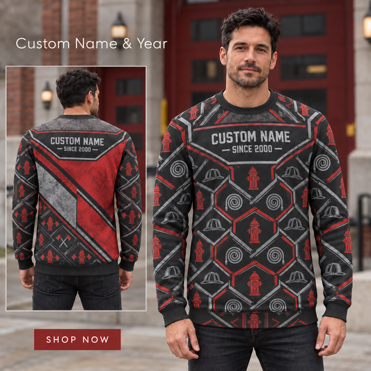 Personalized Firefighter Station Geometry All-Over Print Crewneck Sweater: advertising lifestyle mockup