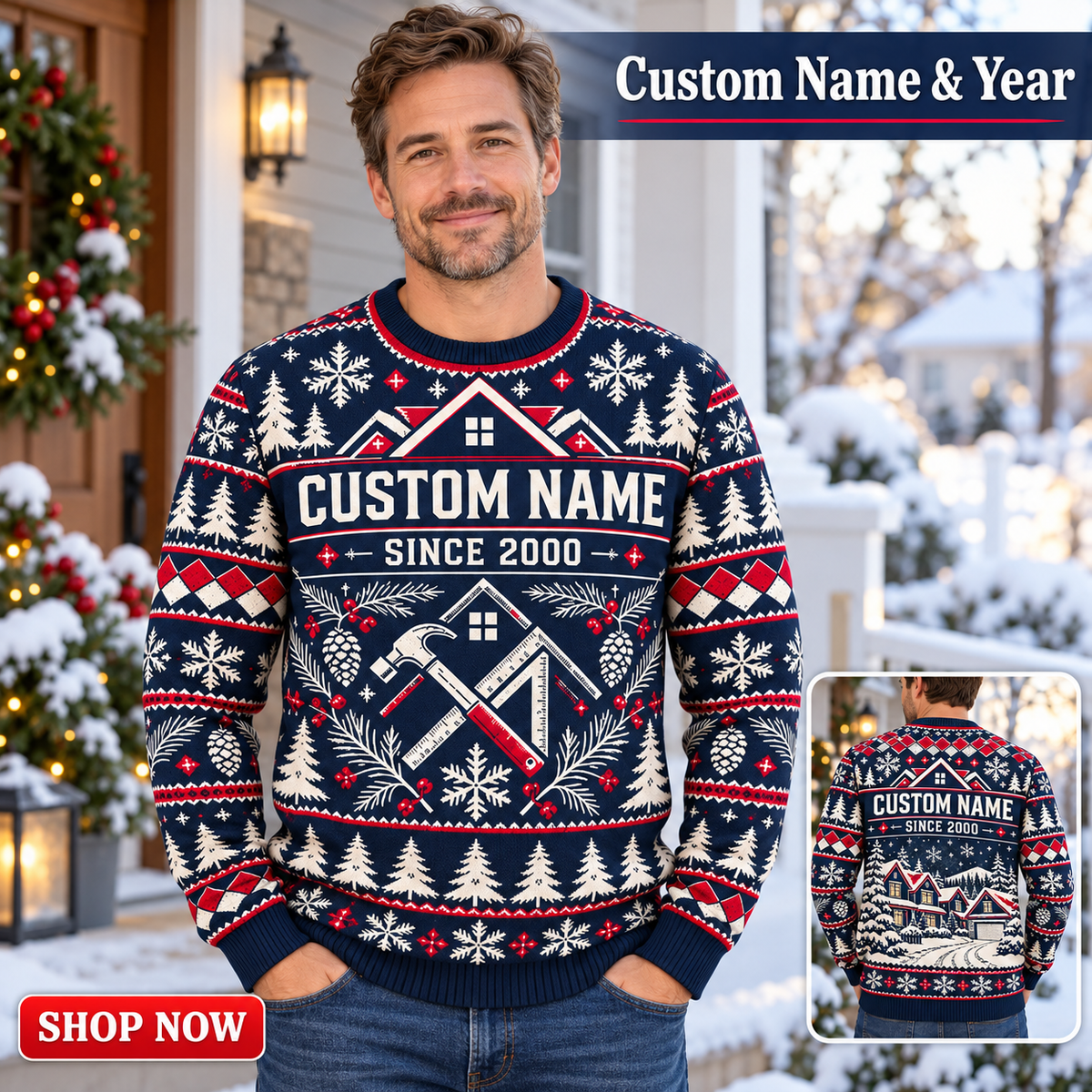 Personalized Roofline Holiday All-Over Print Crewneck Sweater: advertising lifestyle mockup