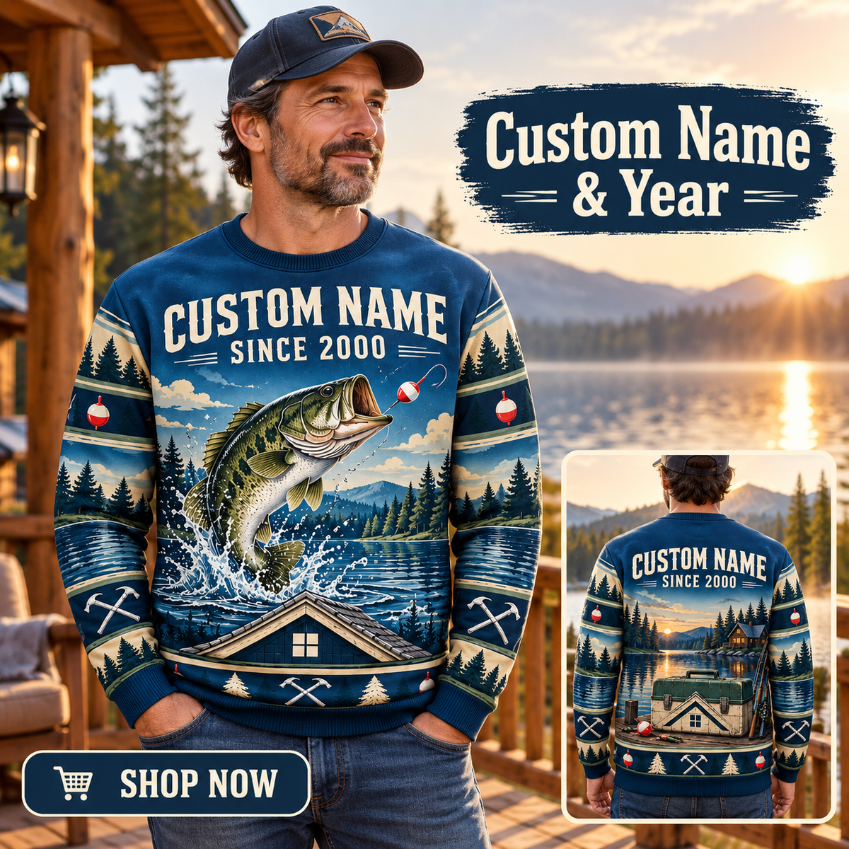 Personalized Roofer Gone Fishing Christmas All-Over Print Crewneck Sweater: advertising lifestyle mockup