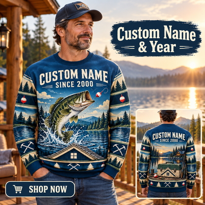 Personalized Roofer Gone Fishing Christmas All-Over Print Crewneck Sweater: advertising lifestyle mockup