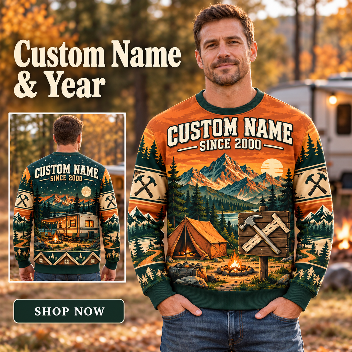 Personalized Roofline Camp Weekend All-Over Print Crewneck Sweater: advertising lifestyle mockup