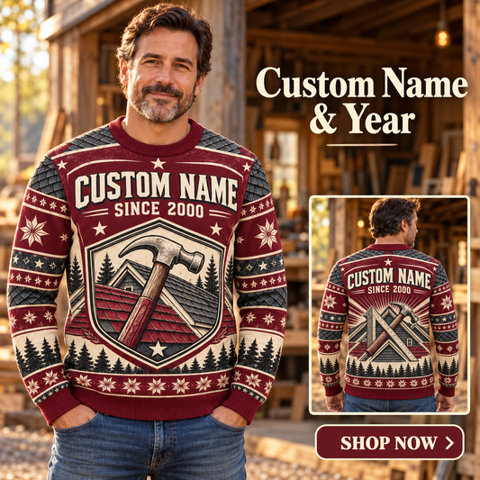 Personalized Roofer Heritage Holiday All-Over Print Crewneck Sweater: advertising lifestyle mockup