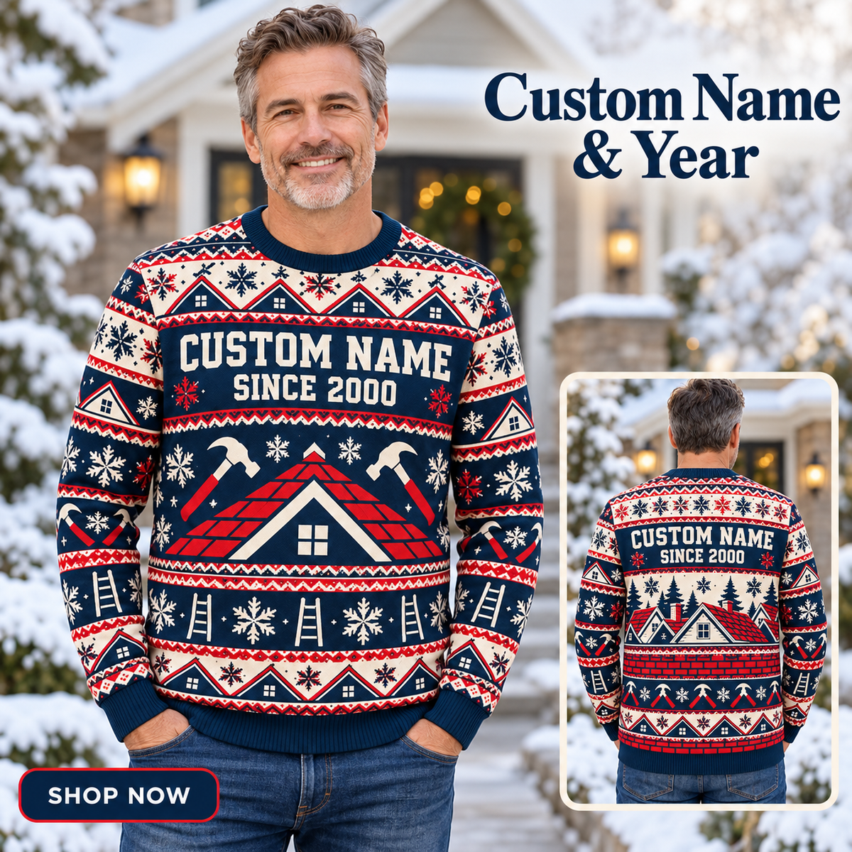 Personalized Roofer Fair Isle Christmas All-Over Print Crewneck Sweater: advertising lifestyle mockup