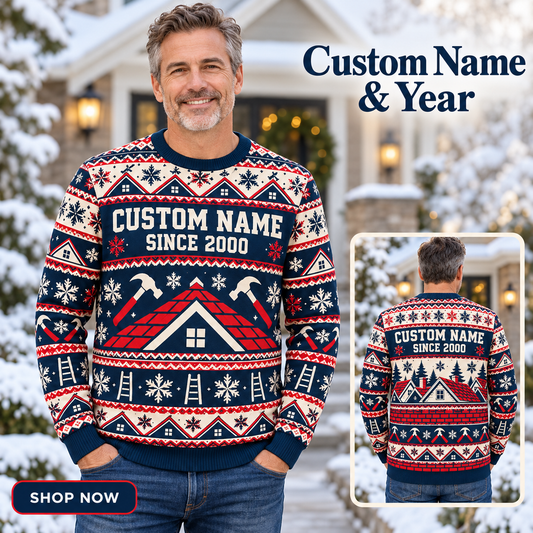 Personalized Roofer Fair Isle Christmas All-Over Print Crewneck Sweater: advertising lifestyle mockup