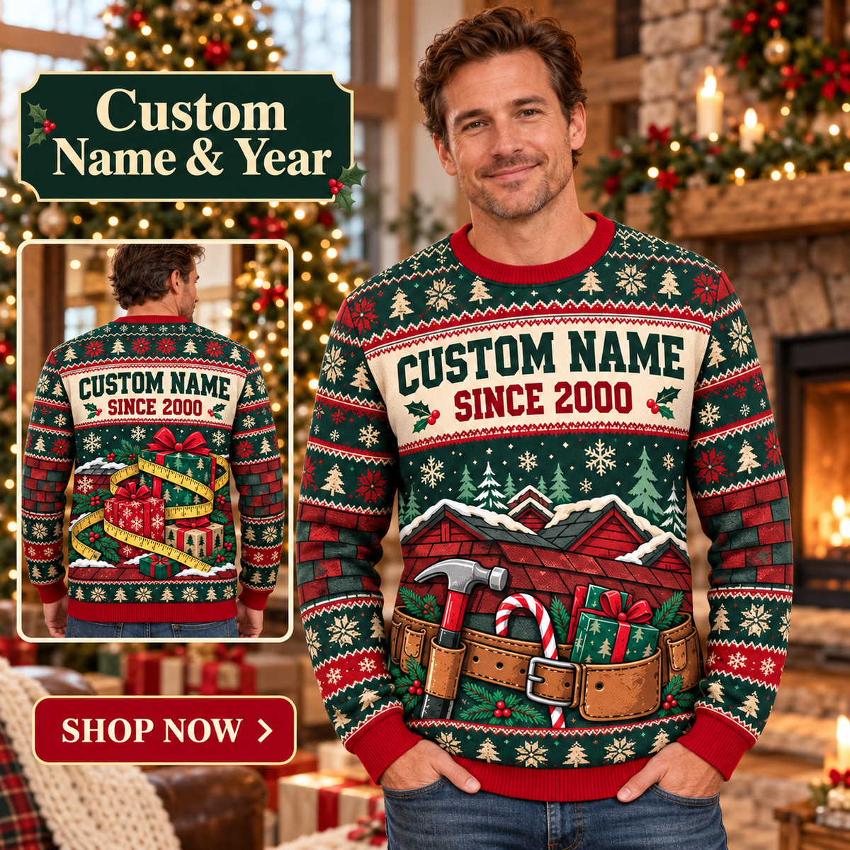 Personalized Roof Crew Holiday Toolbelt All-Over Print Crewneck Sweater: advertising lifestyle mockup