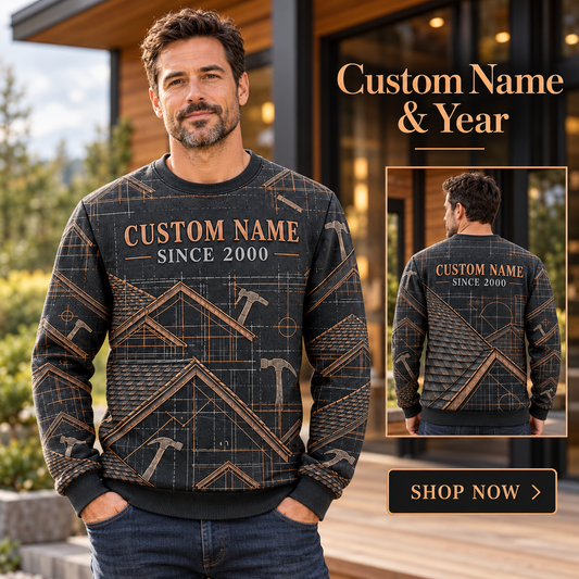 Personalized Roofer Blueprint Repeat All-Over Print Crewneck Sweater: advertising lifestyle mockup