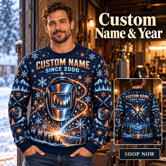 Personalized Welder Holiday Spark All-Over Print Crewneck Sweater: advertising lifestyle mockup