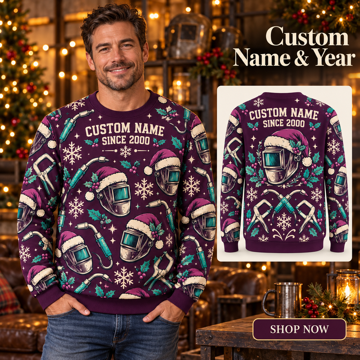 Personalized Welding Crew Holiday Repeat All-Over Print Crewneck Sweater: advertising lifestyle mockup