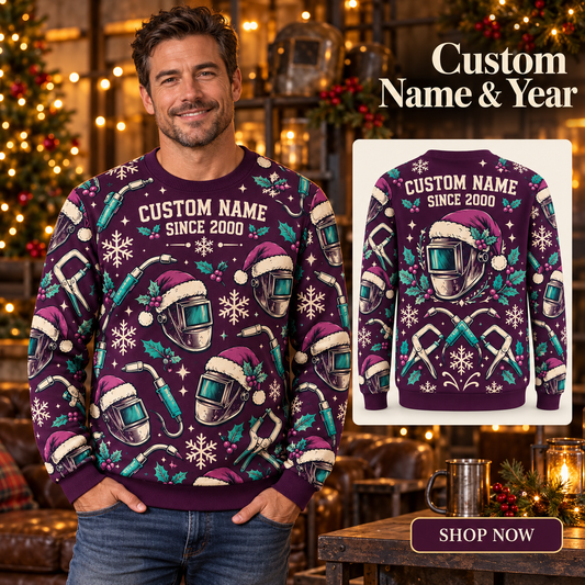 Personalized Welding Crew Holiday Repeat All-Over Print Crewneck Sweater: advertising lifestyle mockup