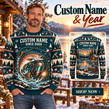 Personalized Welder Gone Fishing Christmas All-Over Print Crewneck Sweater: advertising lifestyle mockup
