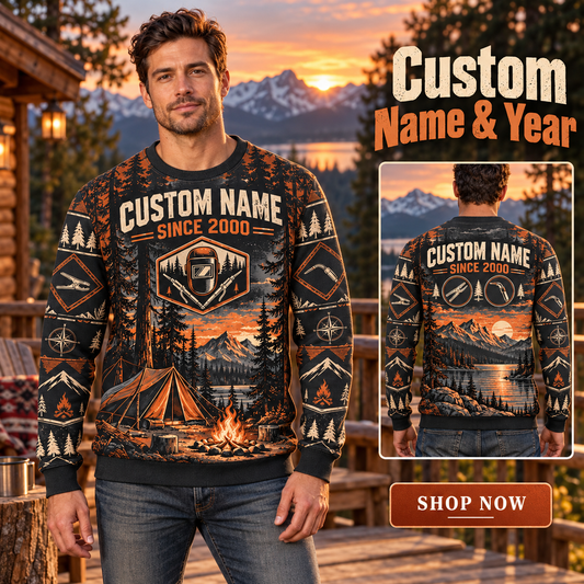 Personalized Welder Campfire Weekend All-Over Print Crewneck Sweater: advertising lifestyle mockup