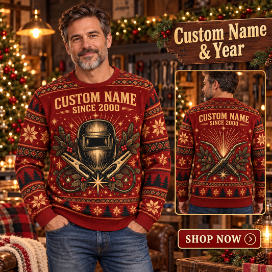 Personalized Welder Heritage Holiday All-Over Print Crewneck Sweater: advertising lifestyle mockup